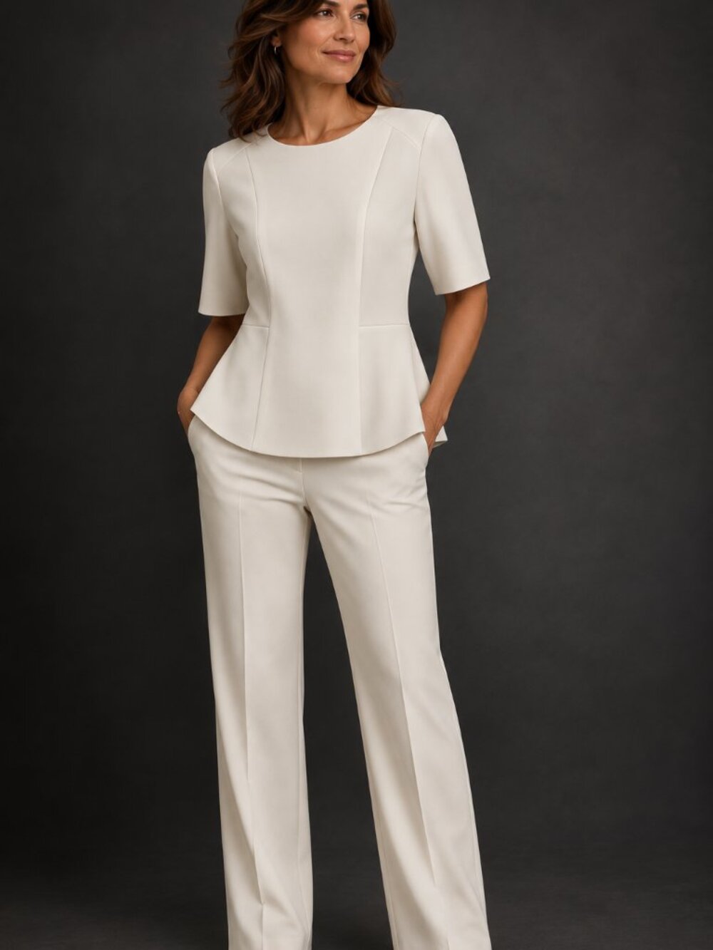 Boss Short Sleeve Cream Top with Peplum, Size 10